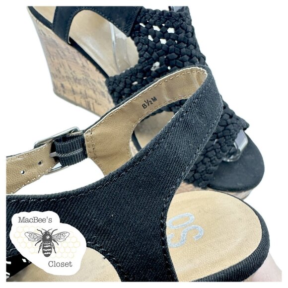 SO Taffy Wedge Heel Sandals Women's Woven Peep Toe With Cork Heel Size 8.5 Black - Picture 13 of 14